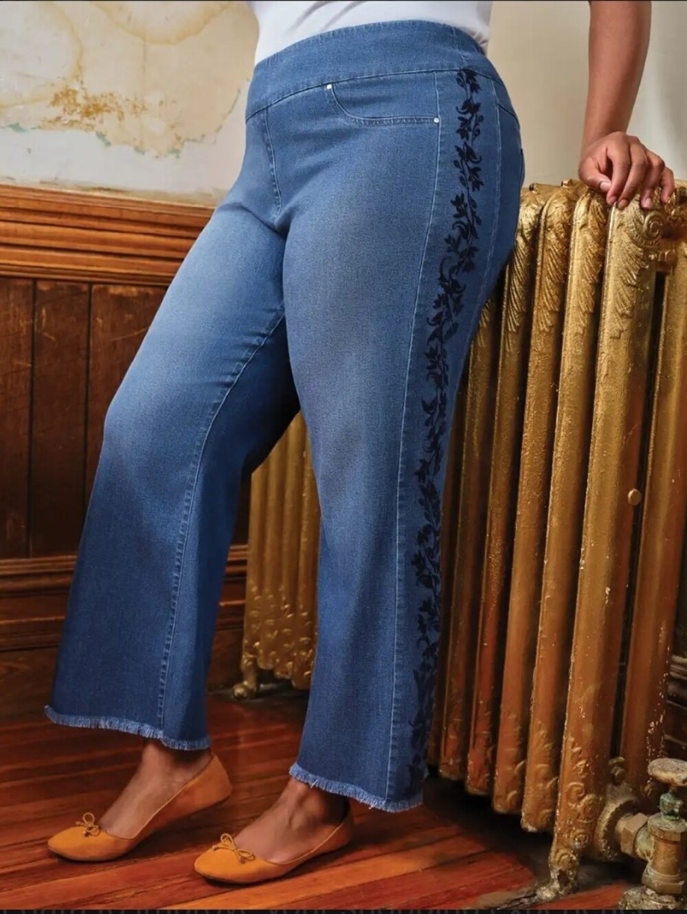 Ruby Rd. Flare Jeans with Black Floral Side Embroidery Flocked Bootcut Pants